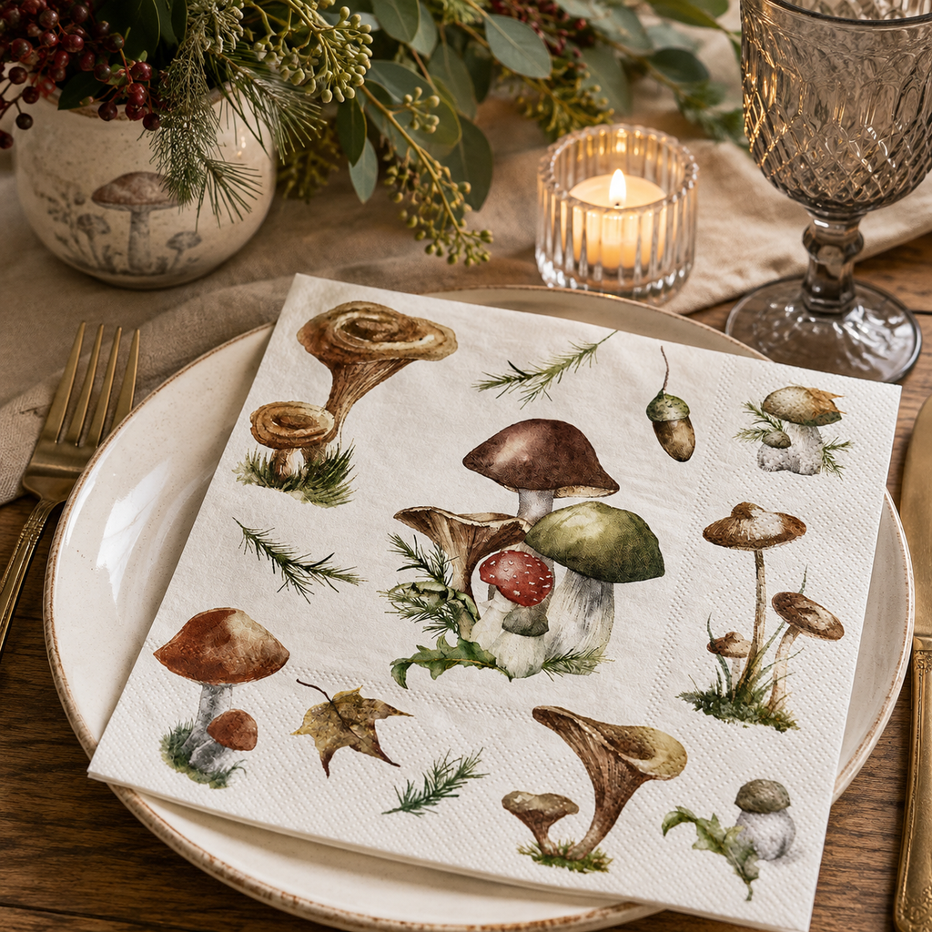 Woodland mushroom napkin folded on a rustic plate with a mushroom-print vase, pine and berry sprigs, and a candle at a table setting