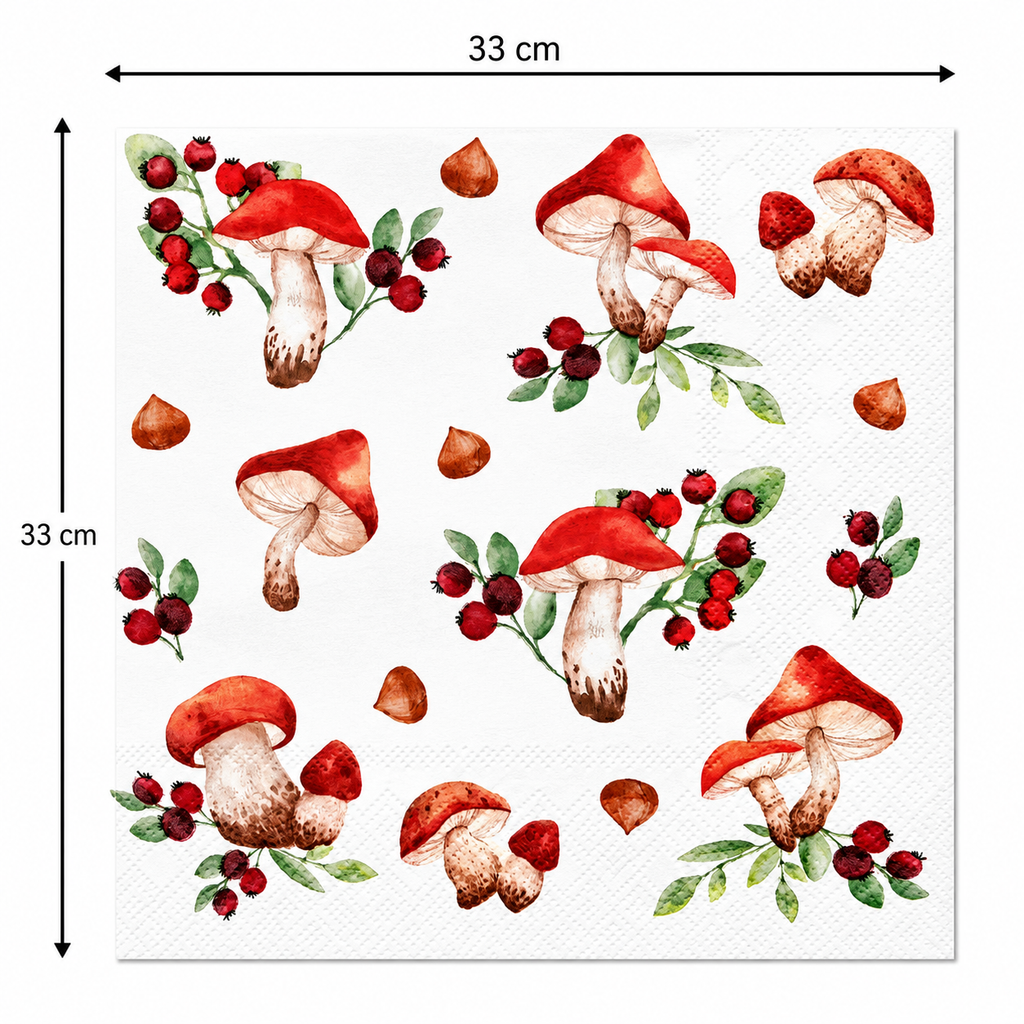 Single red toadstool and berry napkin unfolded flat on a plain background showing 33cm x 33cm size measurements
