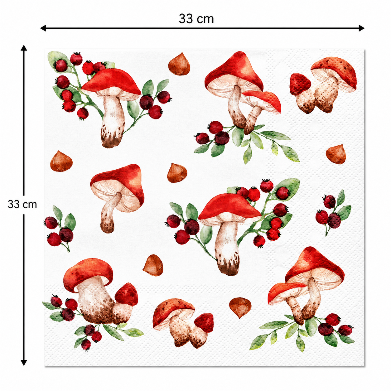 Single red toadstool and berry napkin unfolded flat on a plain background showing 33cm x 33cm size measurements