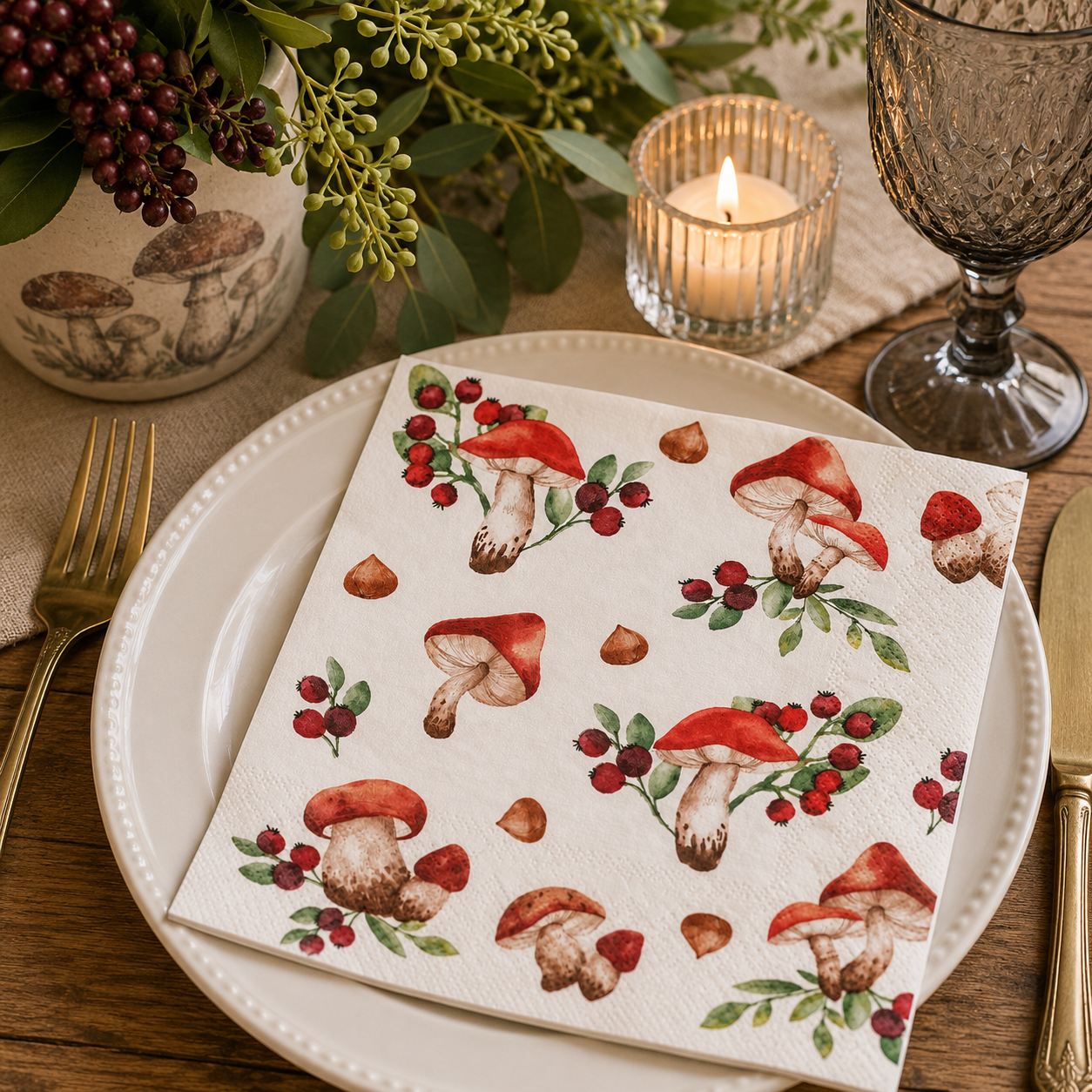 Red toadstool and berry napkin folded on a white plate with a mushroom-print vase, berry sprigs, and a candle at a table setting
