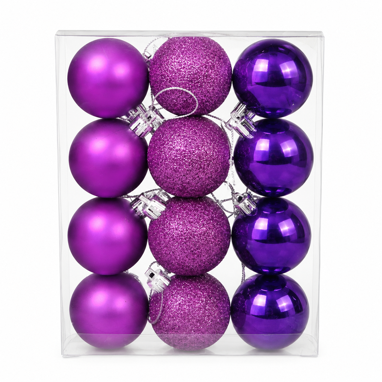 Pack of 24 purple and magenta Christmas baubles in clear display box, arranged in matte, glitter and glossy columns