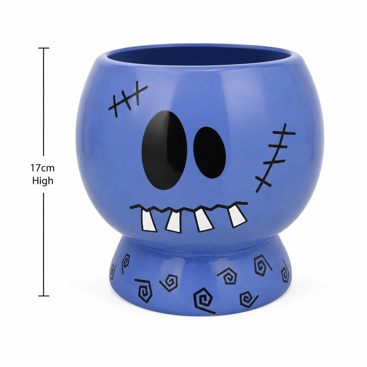 Blue Frankenstein ceramic planter bowl on a plain background showing 17cm height measurement and full stitched face detail