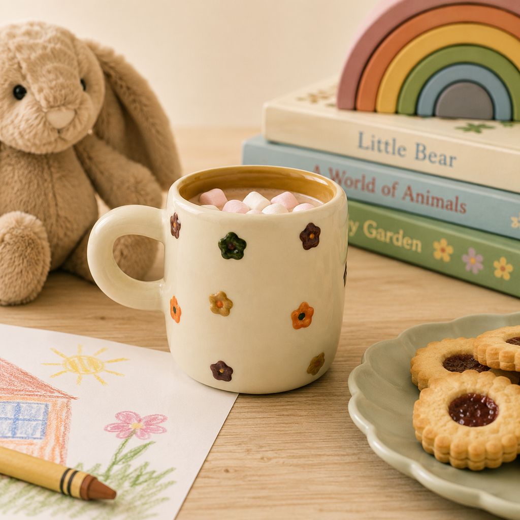 Cream ceramic kids mug with 3D flower dots filled with hot chocolate and marshmallows, next to a plush bunny and children's books