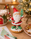 Sprinkle Santa cookie figurine standing on a table beside a hot chocolate mug, Christmas tree and gingerbread cookies