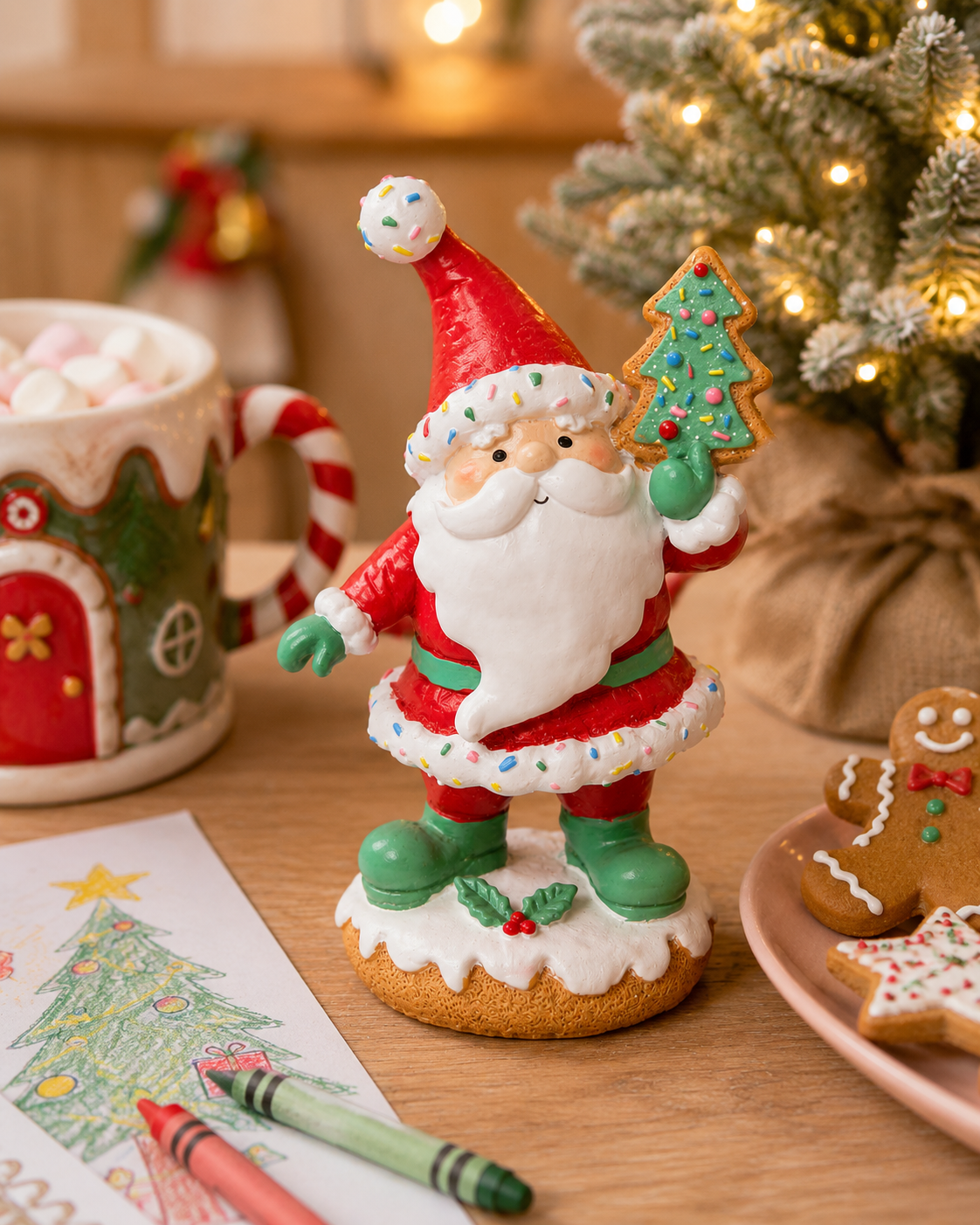 Sprinkle Santa cookie figurine standing on a table beside a hot chocolate mug, Christmas tree and gingerbread cookies