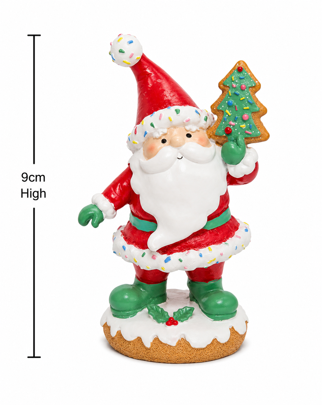 Sprinkle Santa cookie figurine on a plain background showing 9cm height measurement and full sprinkle and cookie detail