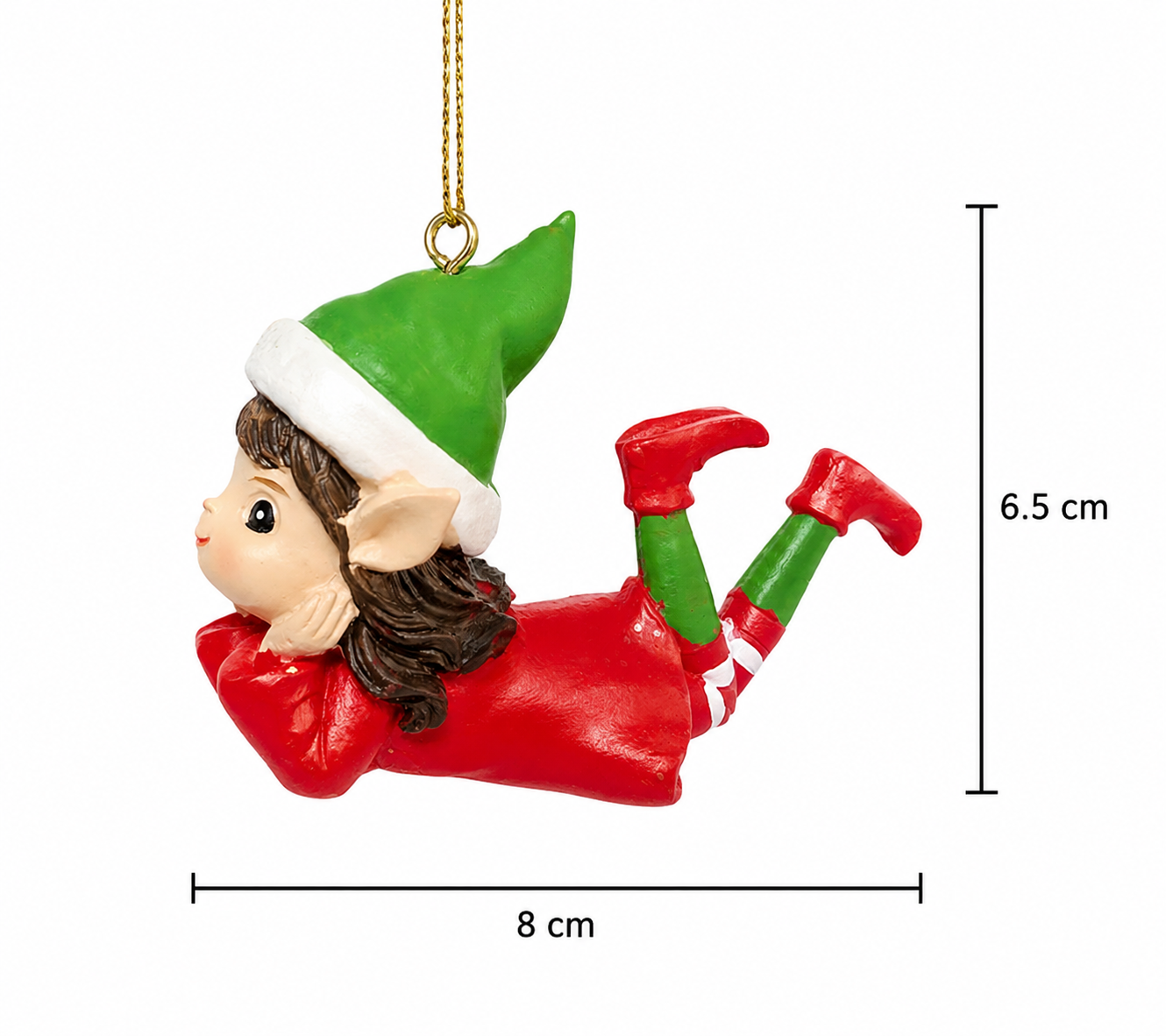 Daydreaming elf Christmas ornament on a plain background showing 8cm width and 6.5cm height measurements