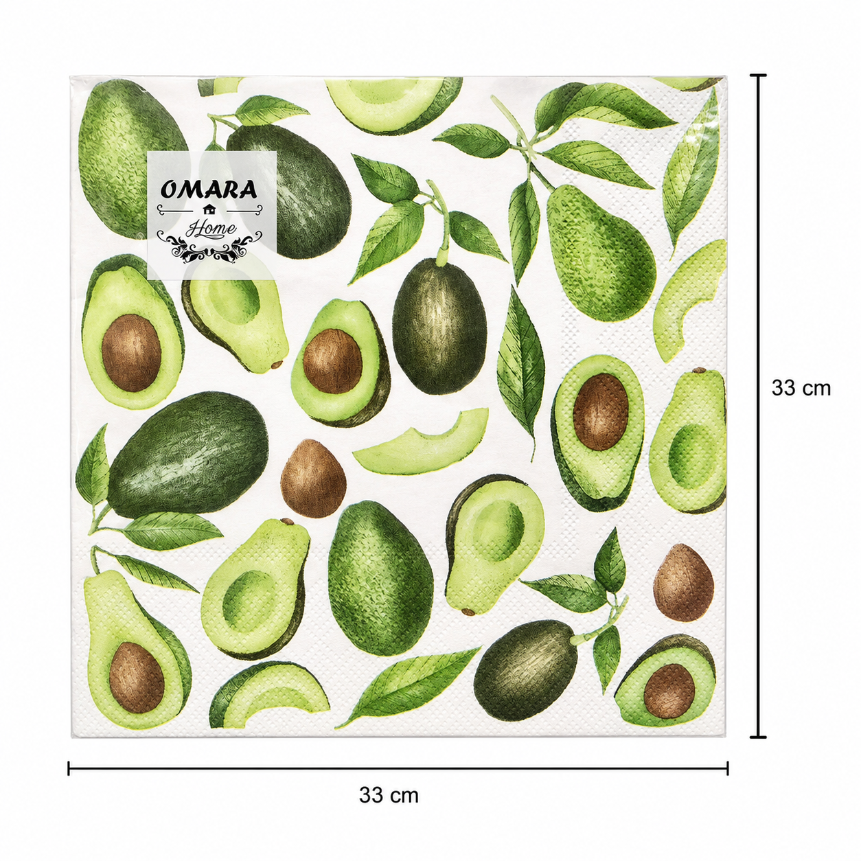 Single avocado print napkin unfolded flat on a plain background showing 33cm x 33cm size measurements