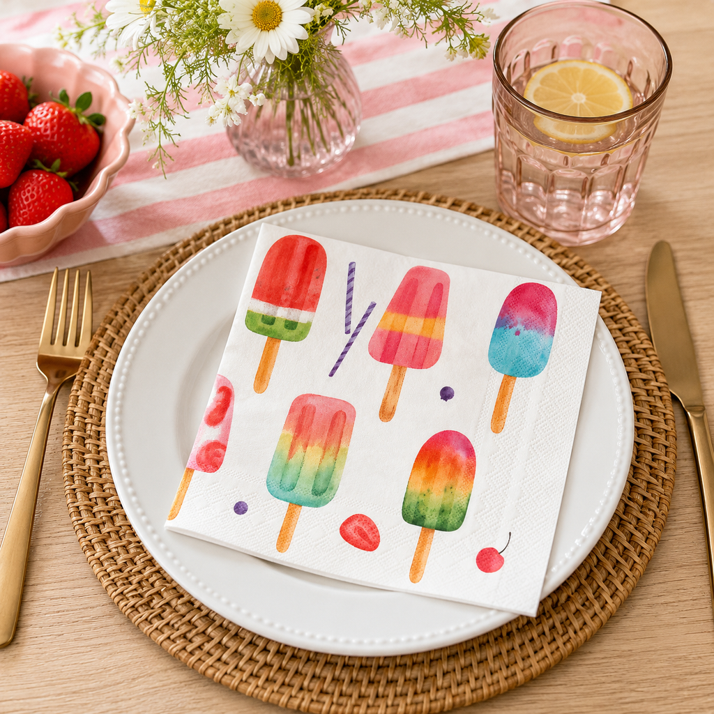 Watercolour popsicle print napkin folded on a white plate with rattan charger, strawberries, and a pink glass of lemon water at a table setting