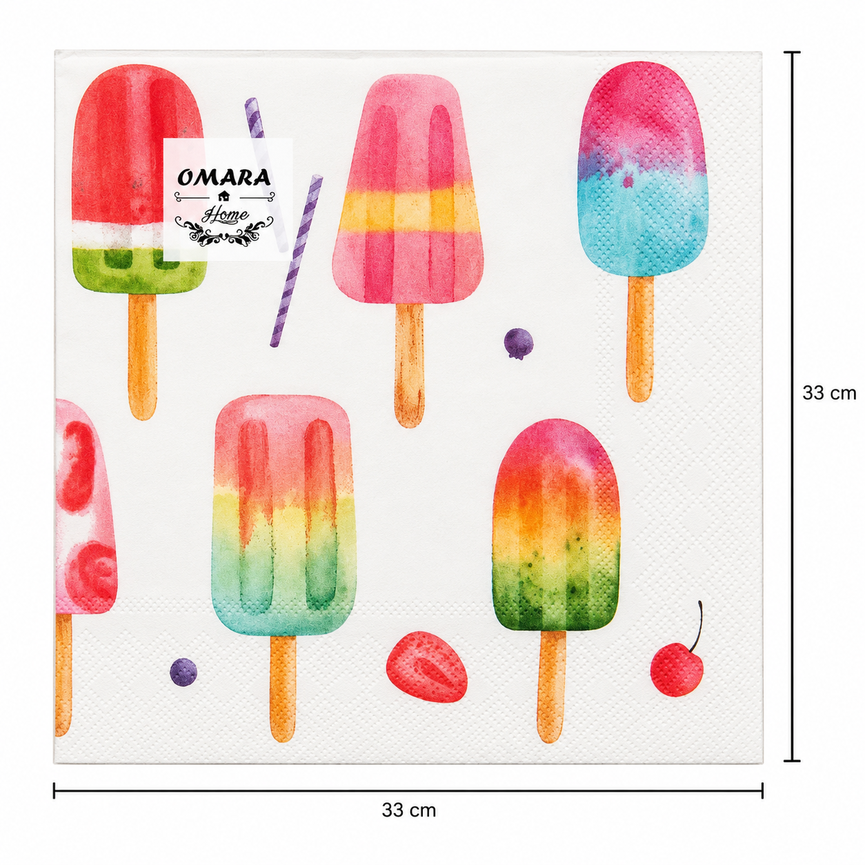 Single watercolour popsicle print napkin unfolded flat on a plain background showing 33cm x 33cm size measurements