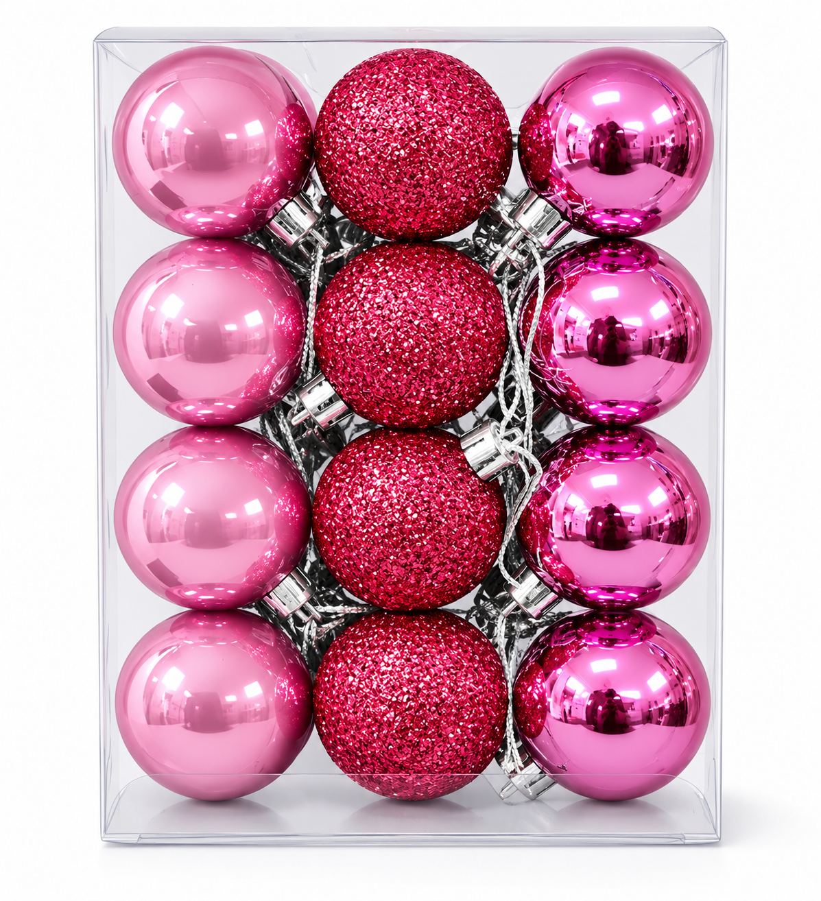 Pack of 24 pink Christmas baubles in clear display box, arranged in glossy, glitter and matte columns
