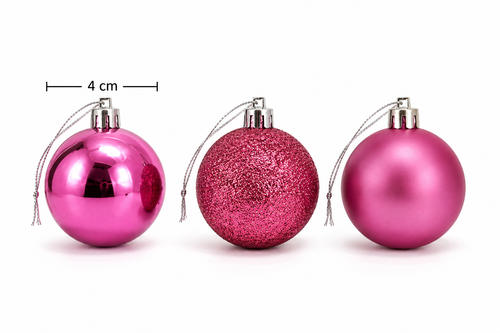 Three 4cm Christmas baubles side by side showing glossy pink, glitter pink and matte pink finishes with size measurement
