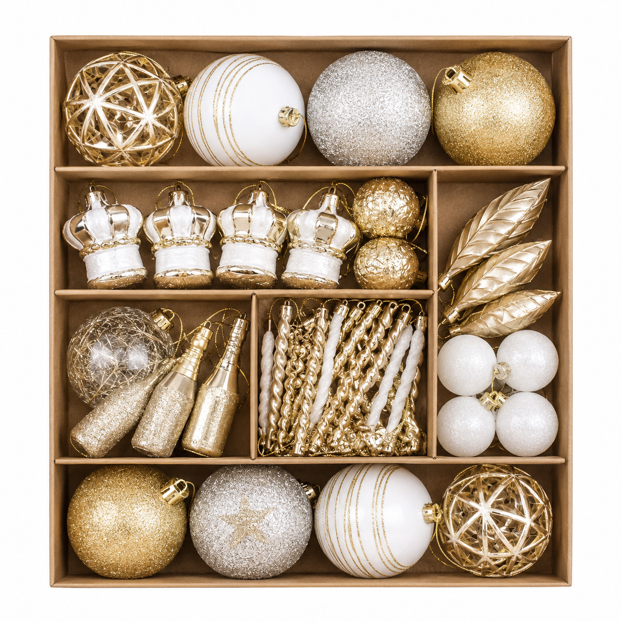 70 piece gold and silver Christmas ornament set arranged in a compartmentalised gift box showing baubles, crowns, feathers and icicle pieces