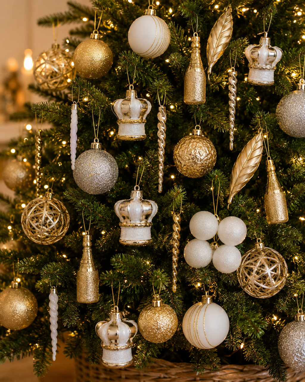 Gold, silver and white Christmas ornaments hanging on a decorated tree, including crowns, champagne bottles, feathers and baubles with fairy lights