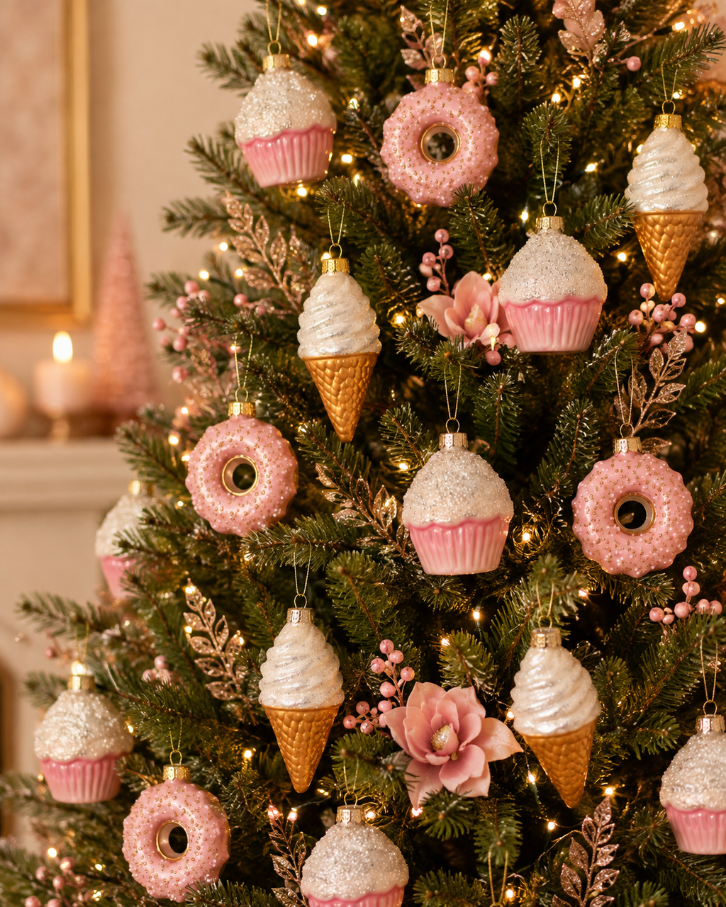 Pink glass cupcake, donut and ice cream cone Christmas ornaments hanging on a tree with pink florals and fairy lights