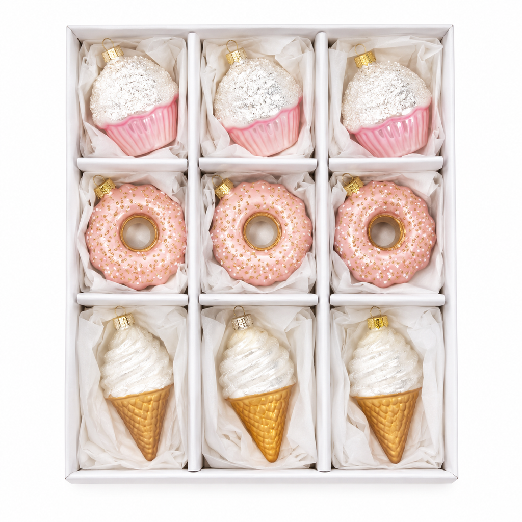 9 piece glass ornament set in a compartmentalised box showing pink glittered cupcakes, donuts and ice cream cones