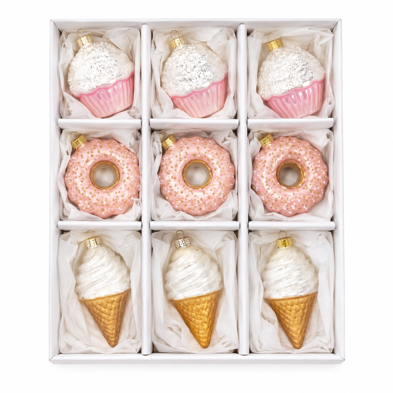 9 piece glass ornament set in a compartmentalised box showing pink glittered cupcakes, donuts and ice cream cones