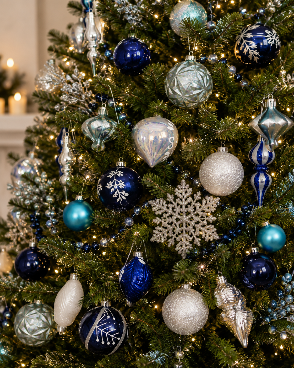 Navy, silver and teal Christmas ornaments hanging on a decorated tree, including snowflake baubles, finials and a glitter snowflake pick with fairy lights