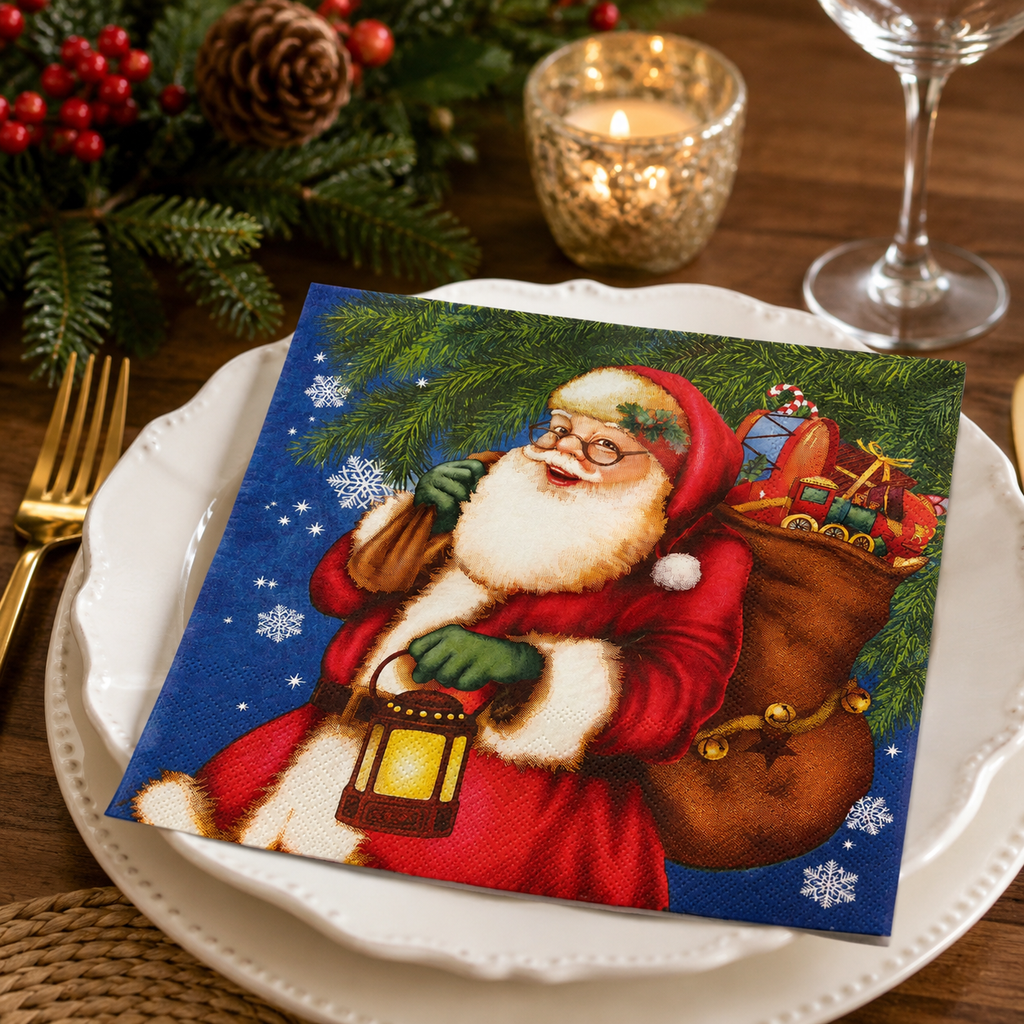 Vintage Santa lantern napkin folded on a white plate with pine branches, red berries, a candle and wine glass at a Christmas table setting