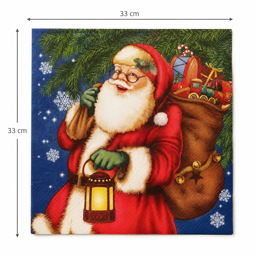 Single vintage Santa lantern napkin unfolded flat on a plain background showing 33cm x 33cm size measurements