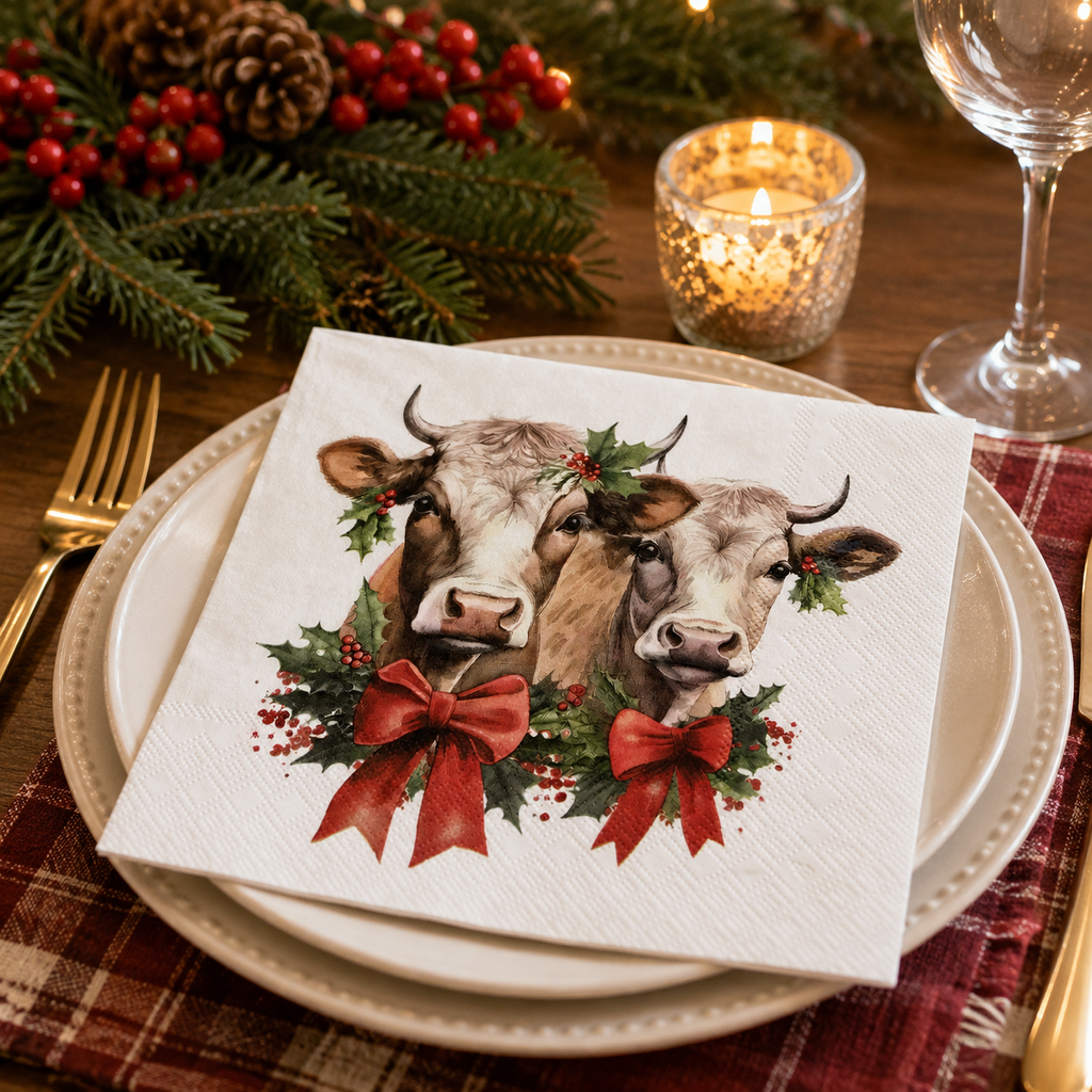 Christmas highland cow napkin folded on a stack of white plates with plaid placemat, pine branches, red berries and a candle at a table setting