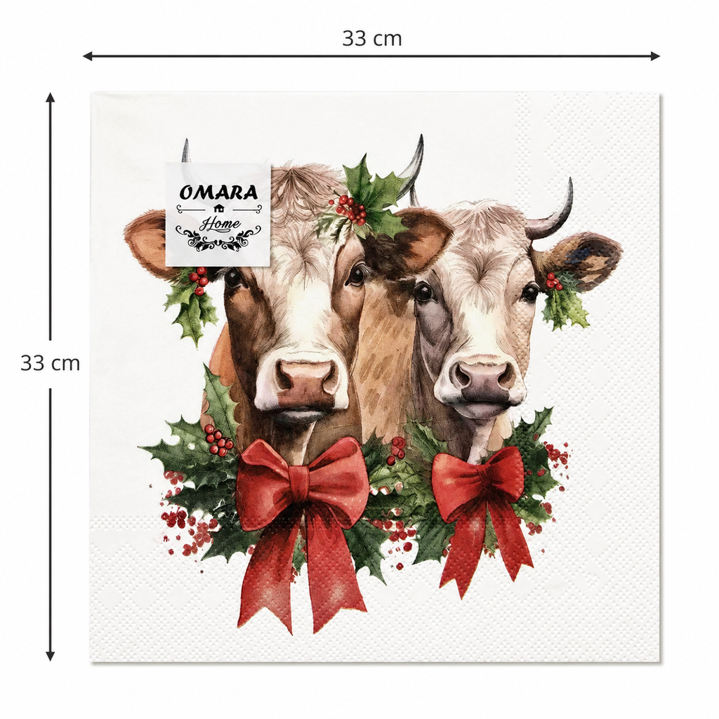 Single Christmas highland cow napkin unfolded flat on a plain background showing 33cm x 33cm size measurements