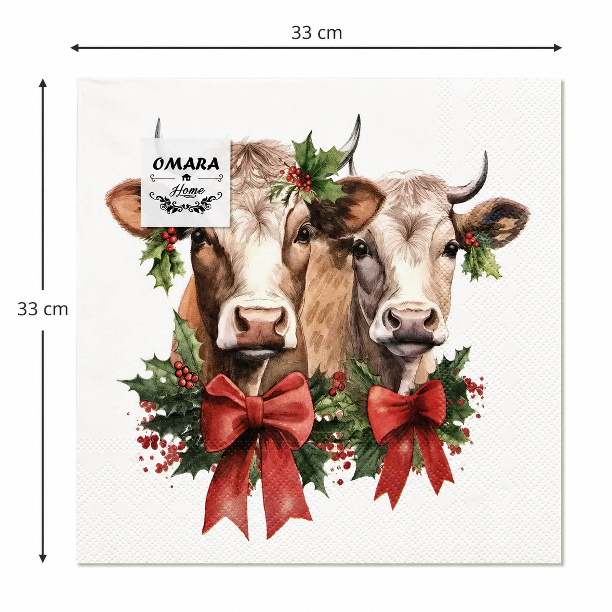 Single Christmas highland cow napkin unfolded flat on a plain background showing 33cm x 33cm size measurements