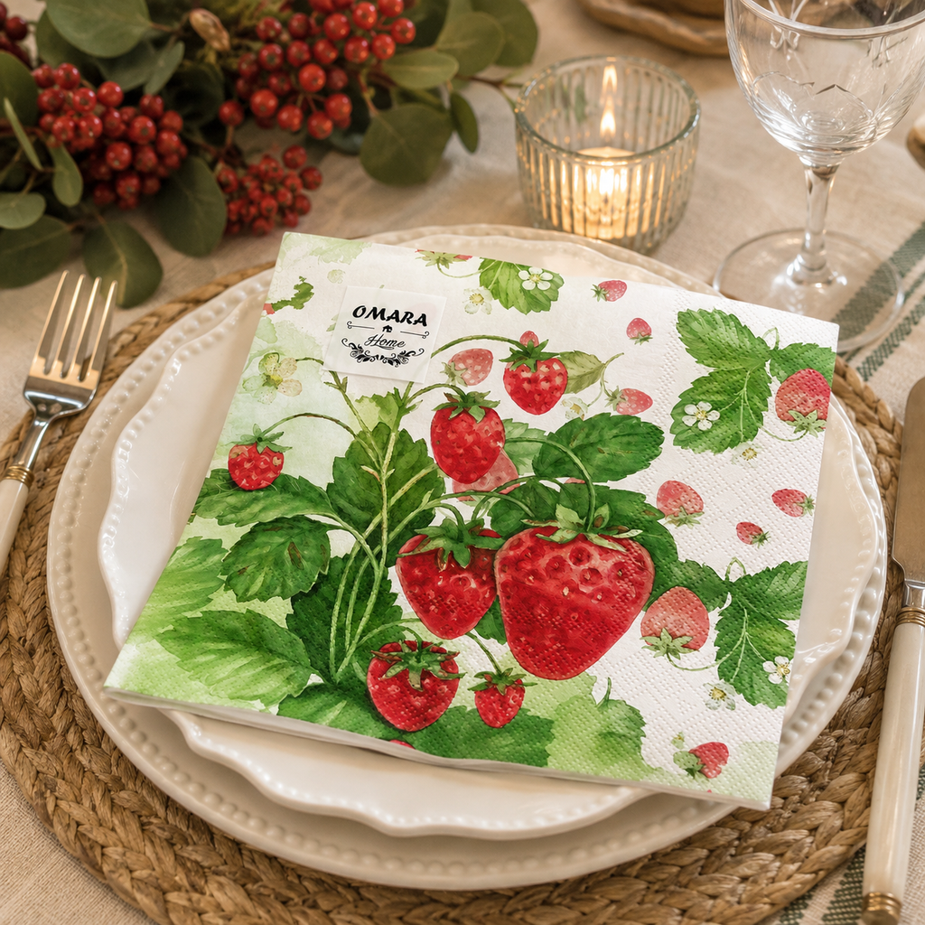 Watercolour strawberry vine napkin folded on a white plate with rattan charger, red berries and a candle at a table setting