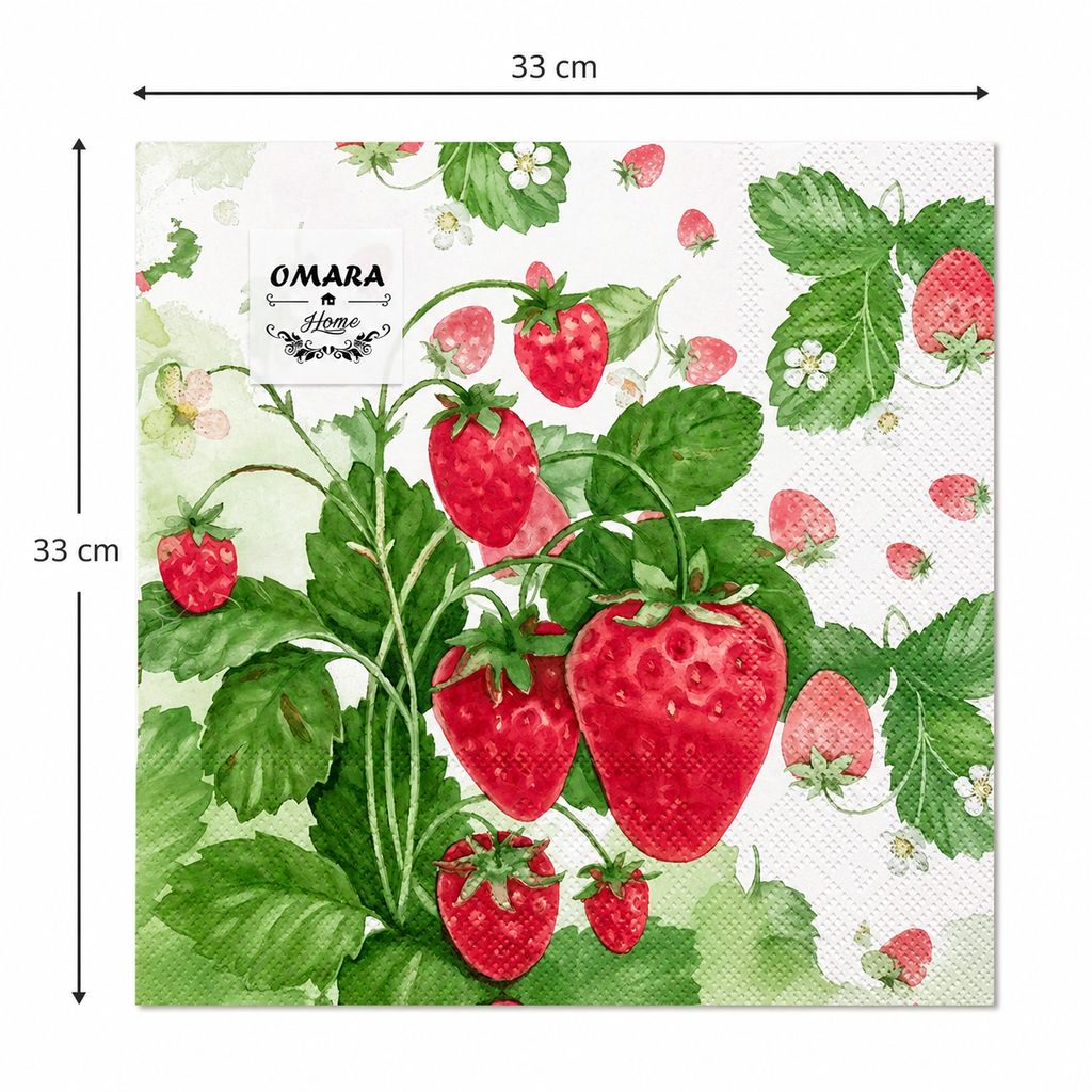 Single watercolour strawberry vine napkin unfolded flat on a plain background showing 33cm x 33cm size measurements