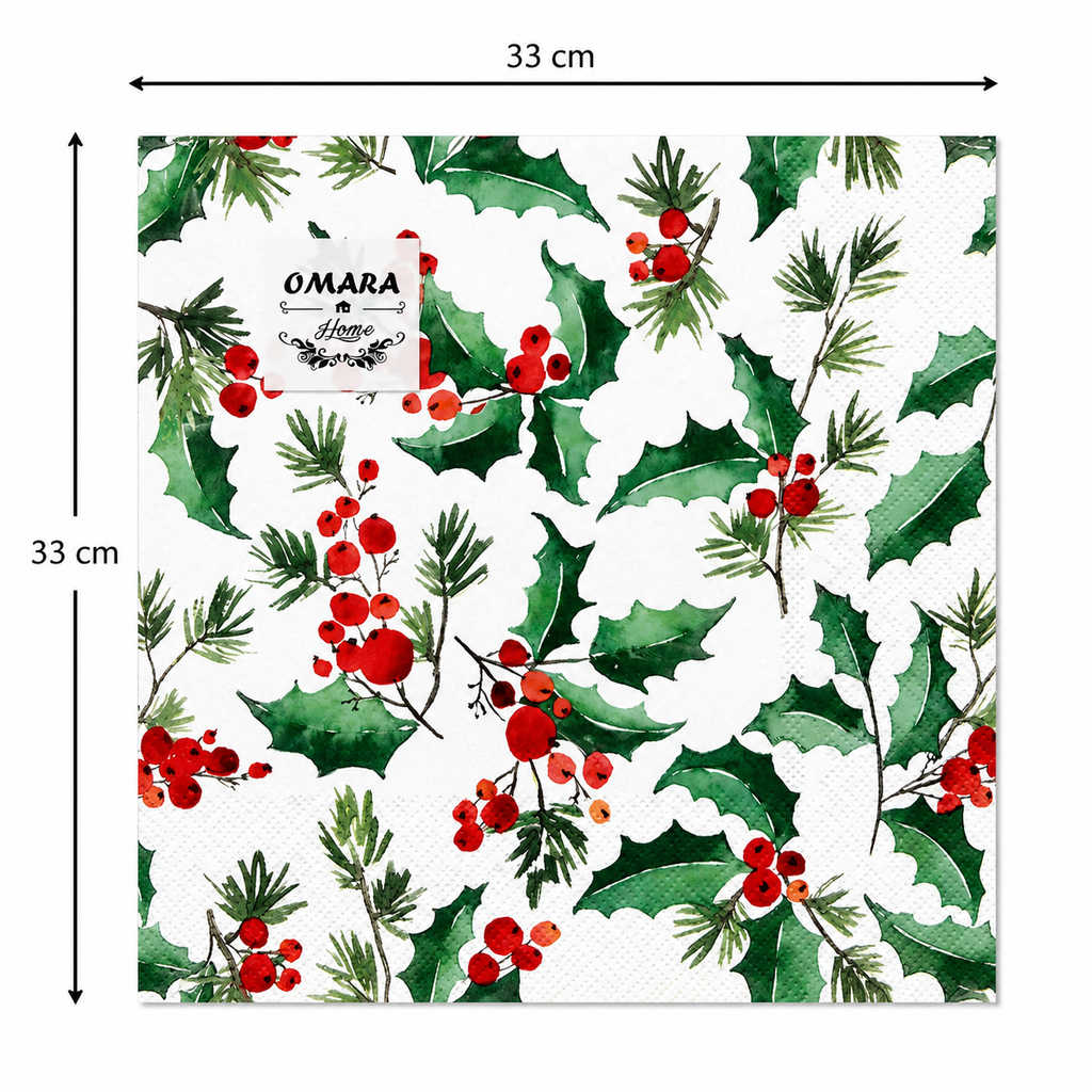 Single watercolour holly and berry napkin unfolded flat on a plain background showing 33cm x 33cm size measurements