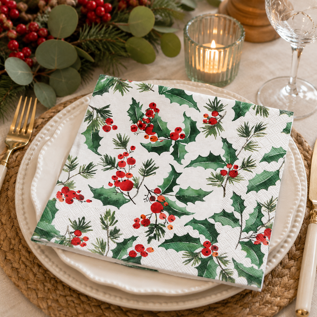 Watercolour holly and berry napkin folded on a stack of white plates with rattan charger, pine and berry sprigs, and a candle at a table setting