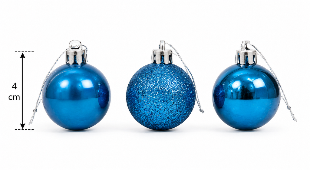 Three blue mini baubles side by side on white background with 4cm size measurement shown