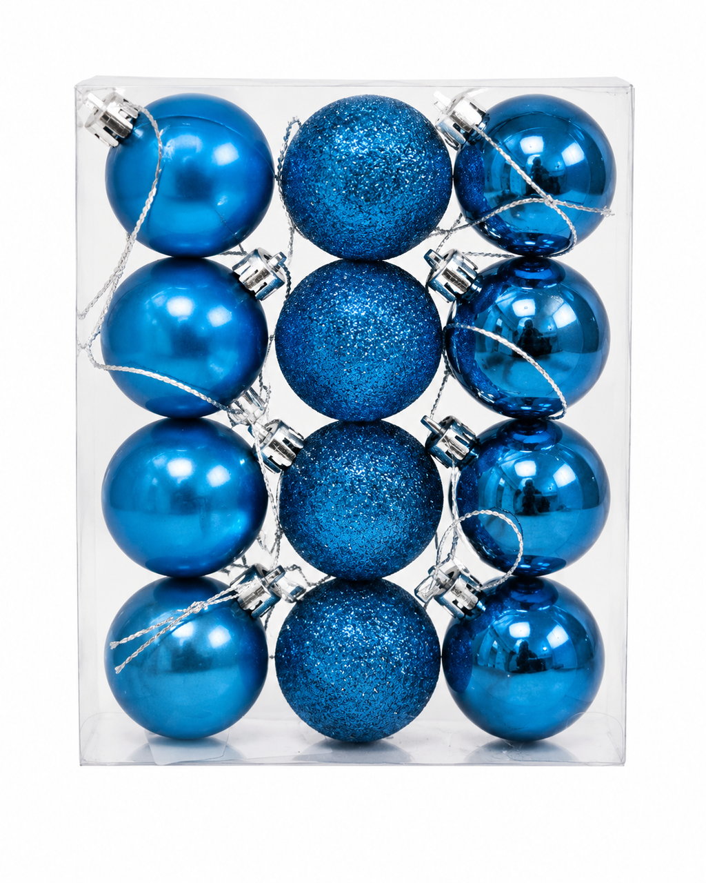 Boxed set of 24 blue mini Christmas baubles showing glossy and glitter finishes arranged in rows