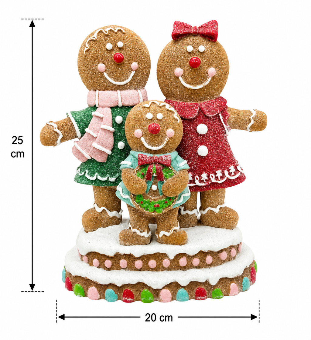 Gingerbread family Christmas figurine on white background showing 25cm height and 20cm width measurements
