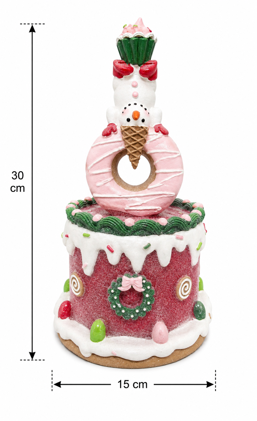 Candy snowman Christmas figurine on white background showing 30cm height and 15cm width measurements