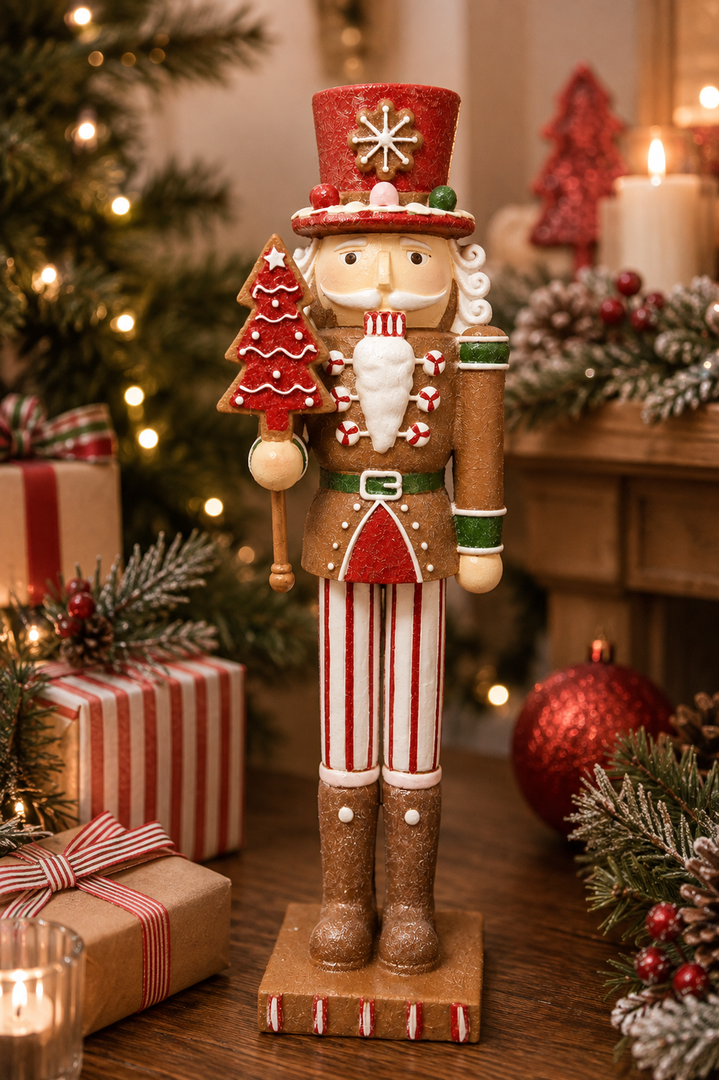 Gingerbread nutcracker Christmas figurine displayed on a wooden table beside wrapped gifts, pine branches, and a lit candle