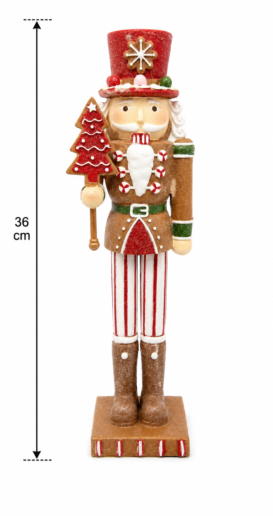 Gingerbread nutcracker Christmas figurine on white background showing 36cm height measurement