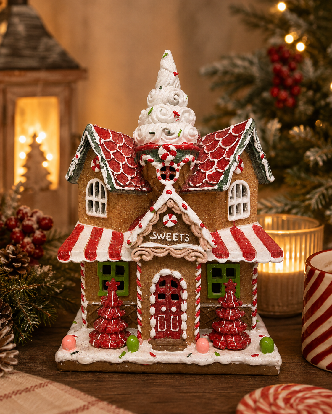 Light-up gingerbread sweet shop Christmas house figurine on white background showing 28cm height and 19cm width measurements