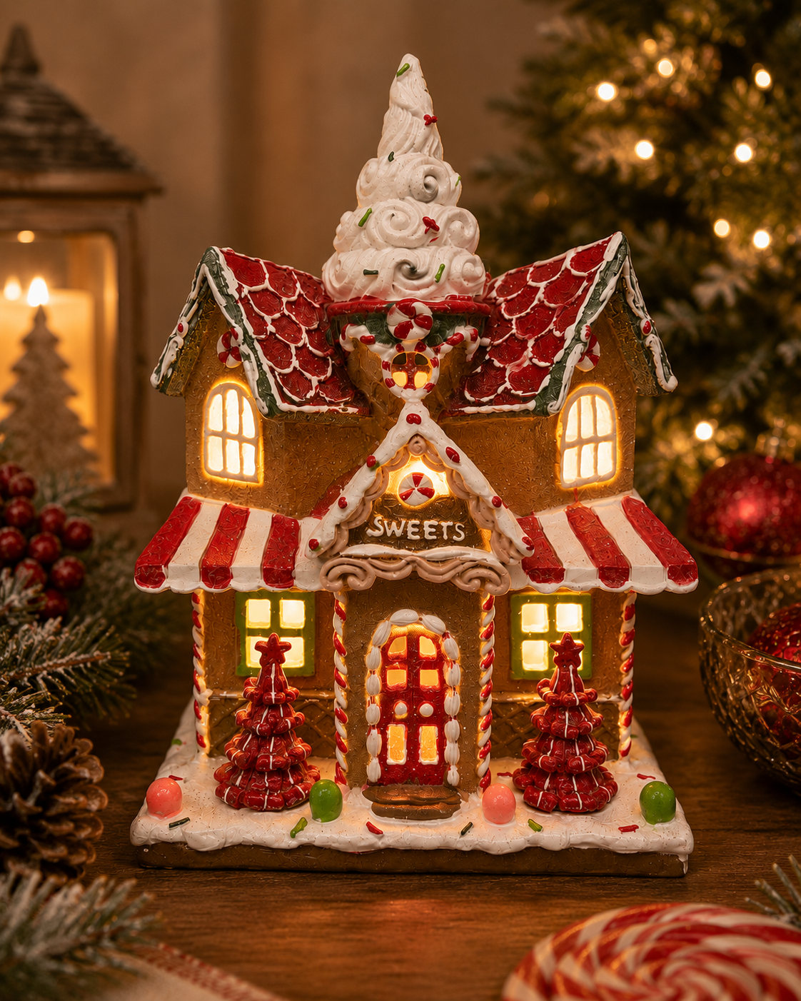 Light-up gingerbread sweet shop Christmas house figurine displayed on a wooden table beside a lantern, candy cane, and Christmas tree