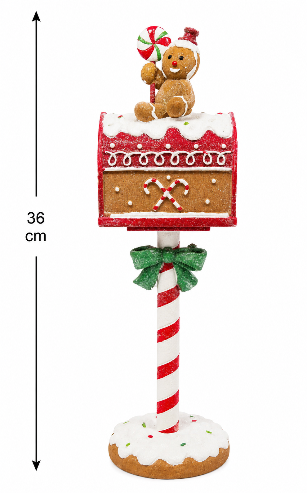Gingerbread mailbox Christmas figurine on white background showing 36cm height measurement