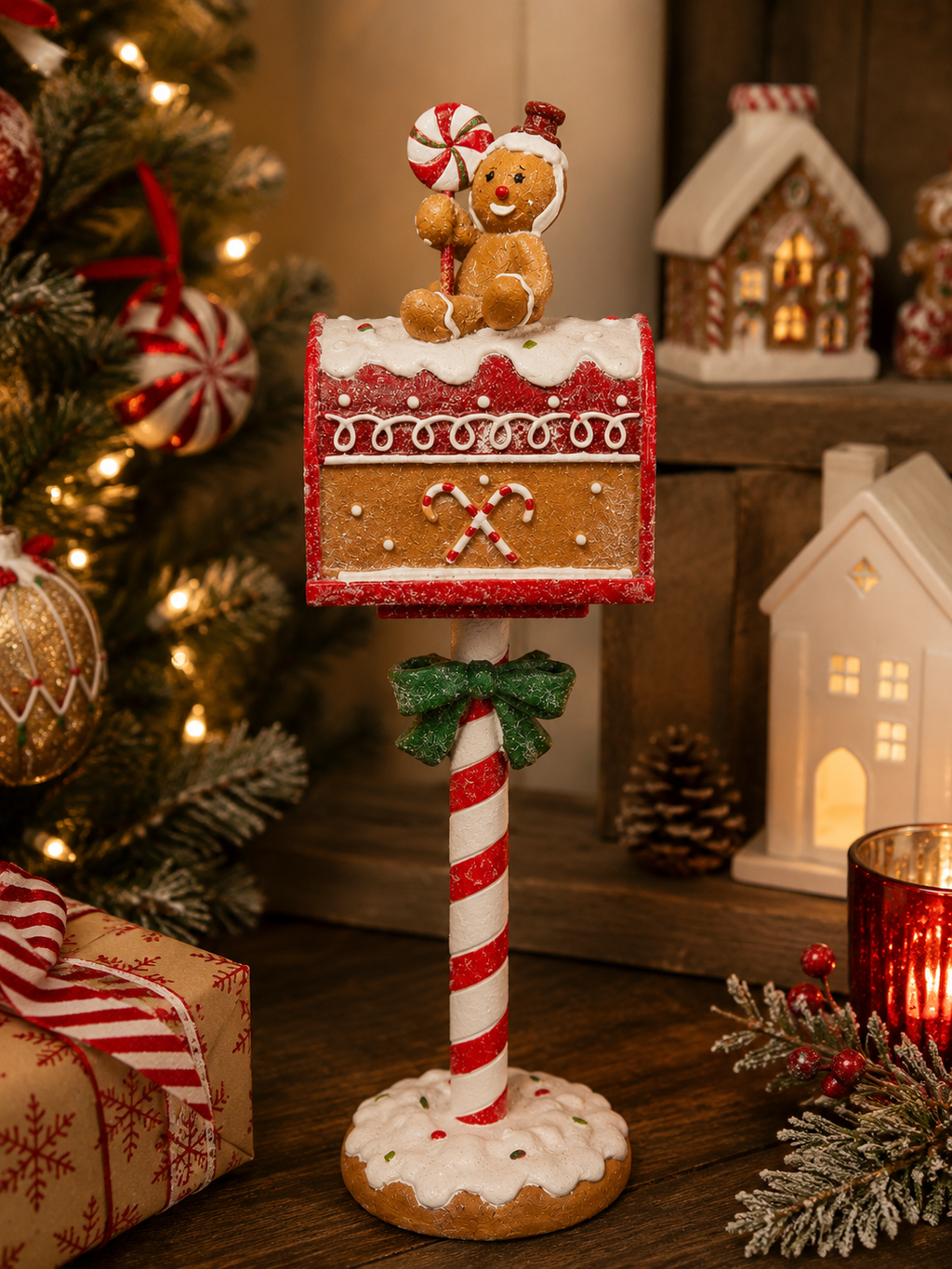 Gingerbread mailbox Christmas figurine displayed on a wooden table beside a gift box, Christmas tree, and gingerbread houses