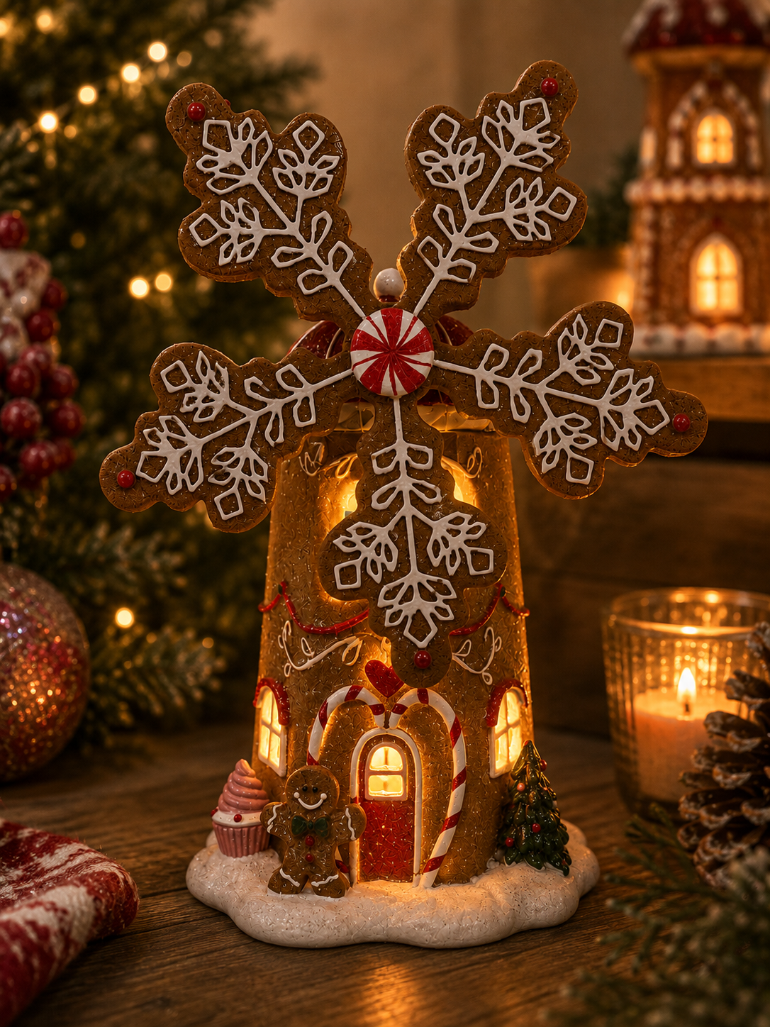 Light-up gingerbread snowflake house figurine displayed on a wooden table beside a Christmas tree and gingerbread houses