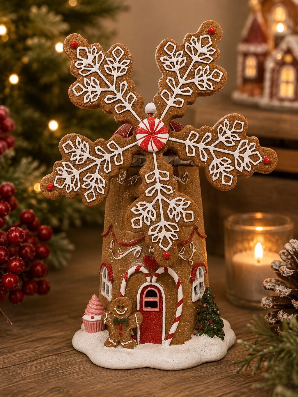 Light-up gingerbread snowflake house figurine displayed on a wooden table beside a Christmas tree and gingerbread houses