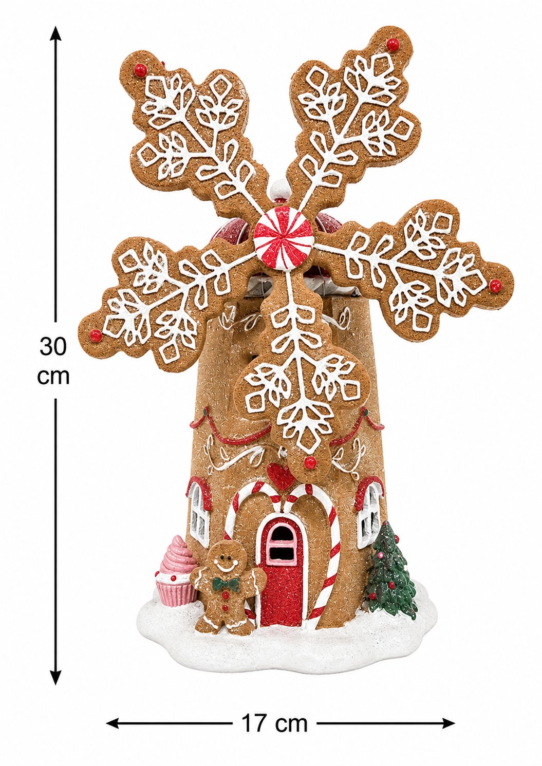 Light-up gingerbread snowflake house figurine on white background showing 30cm height and 17cm width measurements