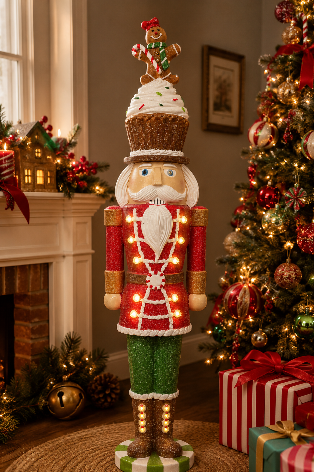 Light-up cupcake nutcracker Christmas figurine displayed beside a fireplace and Christmas tree with wrapped gifts