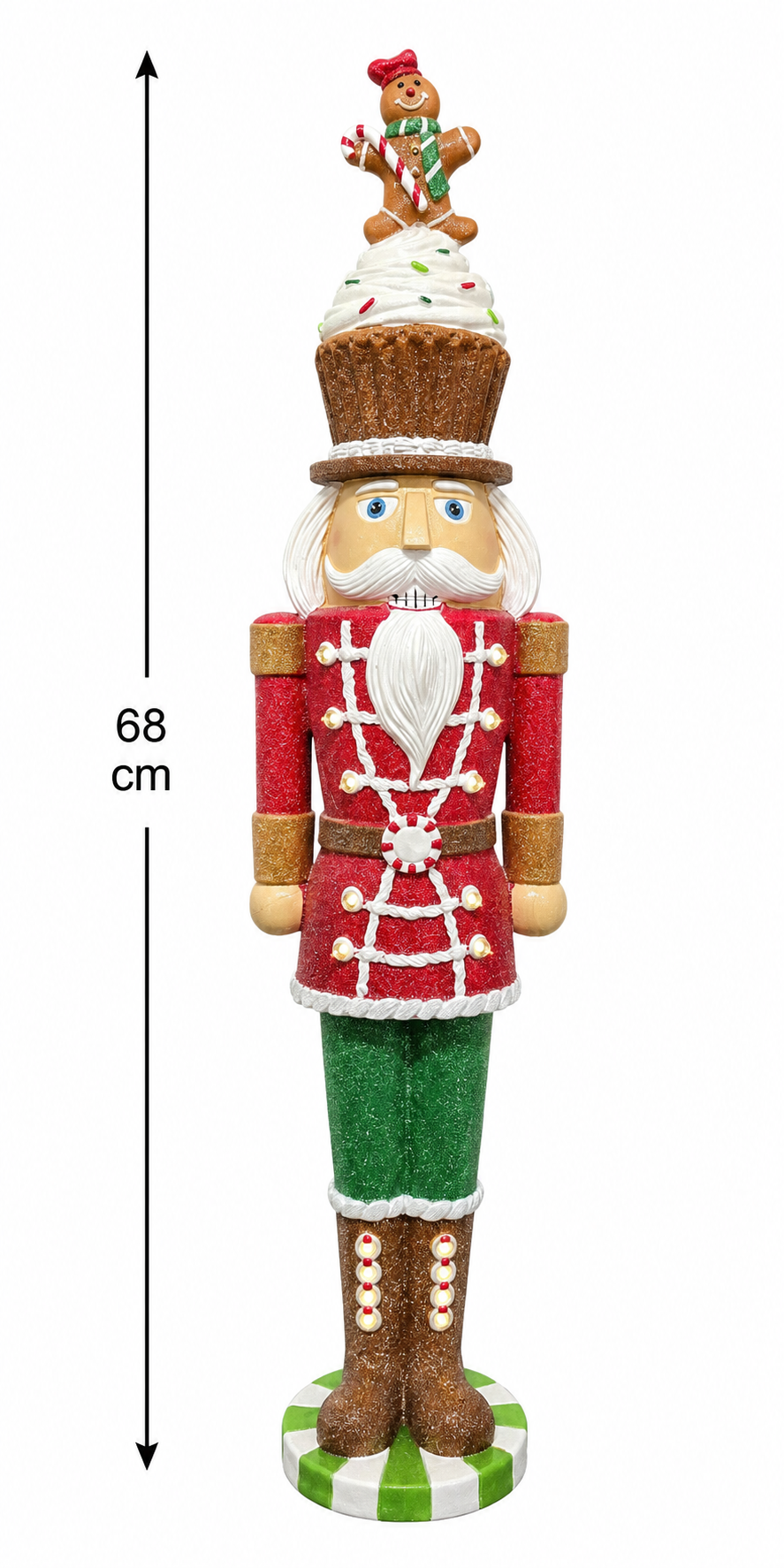 Light-up cupcake nutcracker Christmas figurine on white background showing 68cm height measurement