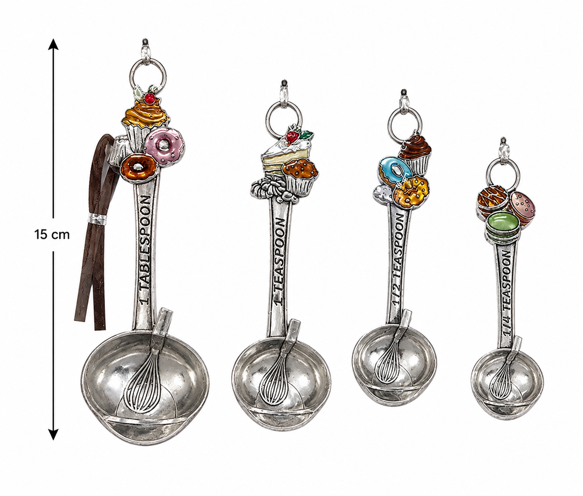 Sweet treat charm measuring spoon set on white background showing 15cm length of the largest spoon