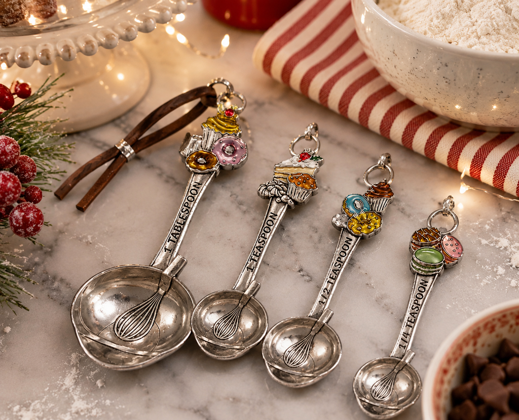Sweet treat charm measuring spoon set displayed on a marble kitchen bench beside a bowl of flour and chocolate chips