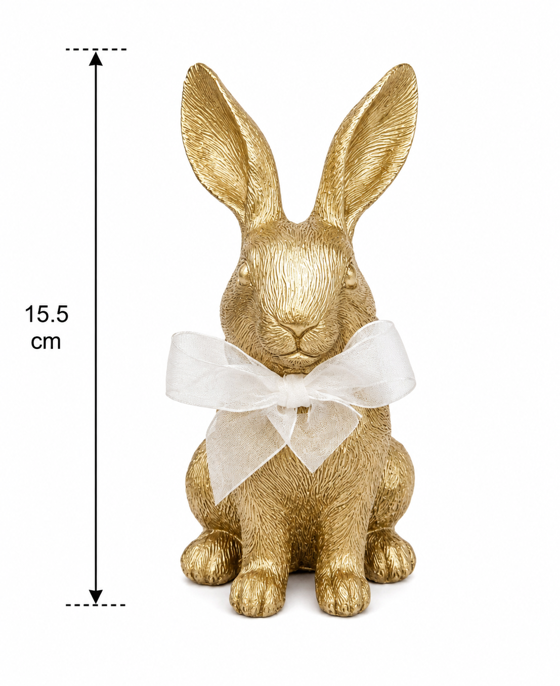 Gold bunny figurine with white organza bow on white background showing 15.5cm height measurement
