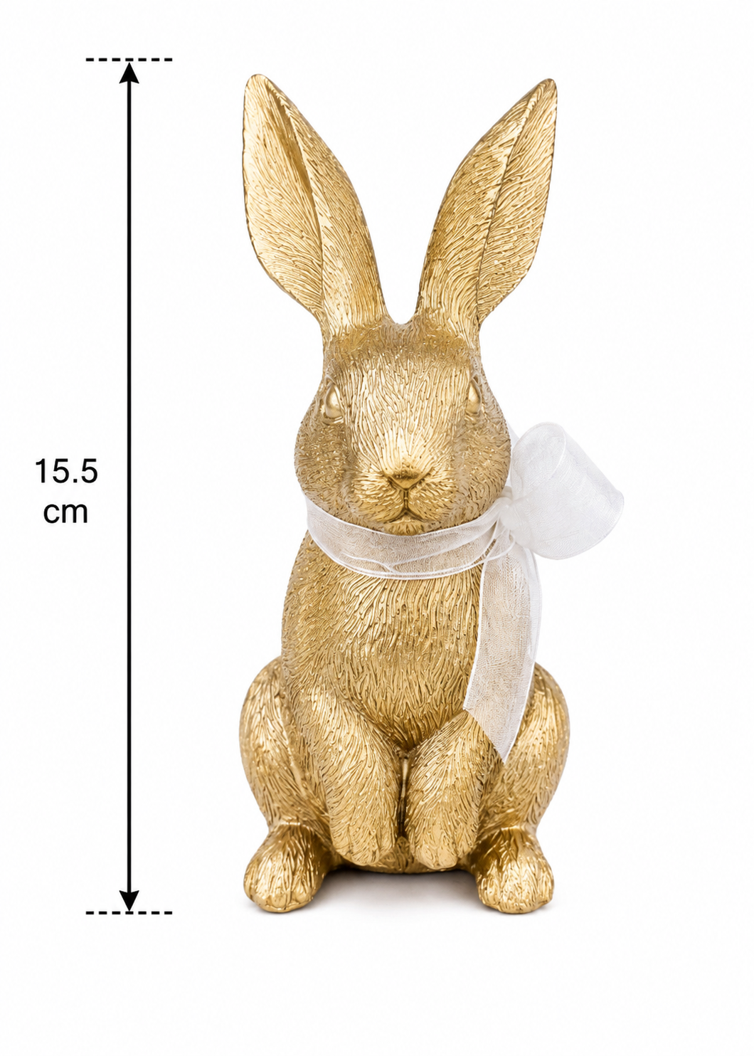 Gold bunny figurine with paws forward and white organza bow on white background showing 15.5cm height measurement